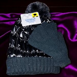 NWT Teen Girl's Glossy Black Lined Puffer Hat Beanie Cap Pom Pom Knit Gloves Set